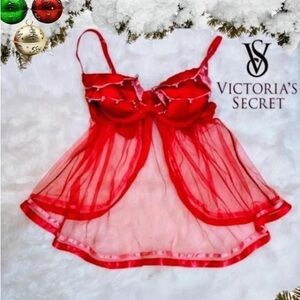 RARE Victoria's Secret Y2K Sheer Red Babydoll Jingle Bell Teddy